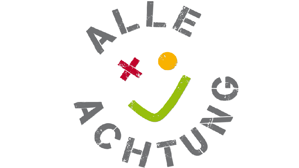 Logo "ALLE ACHTUNG" mit stilisiertem Gesicht aus Haken, Kreuz und Punkt.